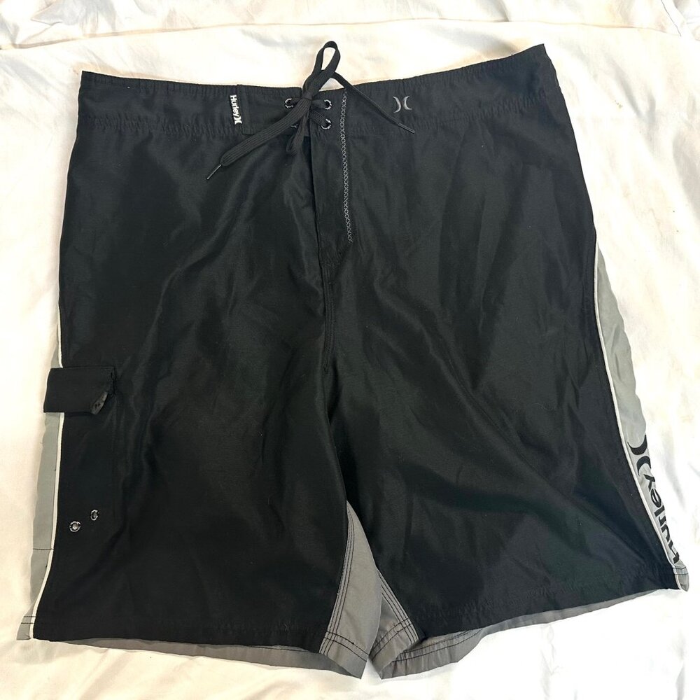 Vintage Y2K Hurley Board Shorts Swim Trunks Black Gray Classic 38
